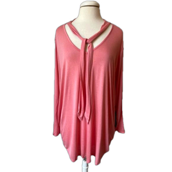 DG2 NWT Pastel Coral Pink Lightweight Rayon 3/4 Sleeve Bow Tie V Tunic Top 3X - Picture 1 of 9